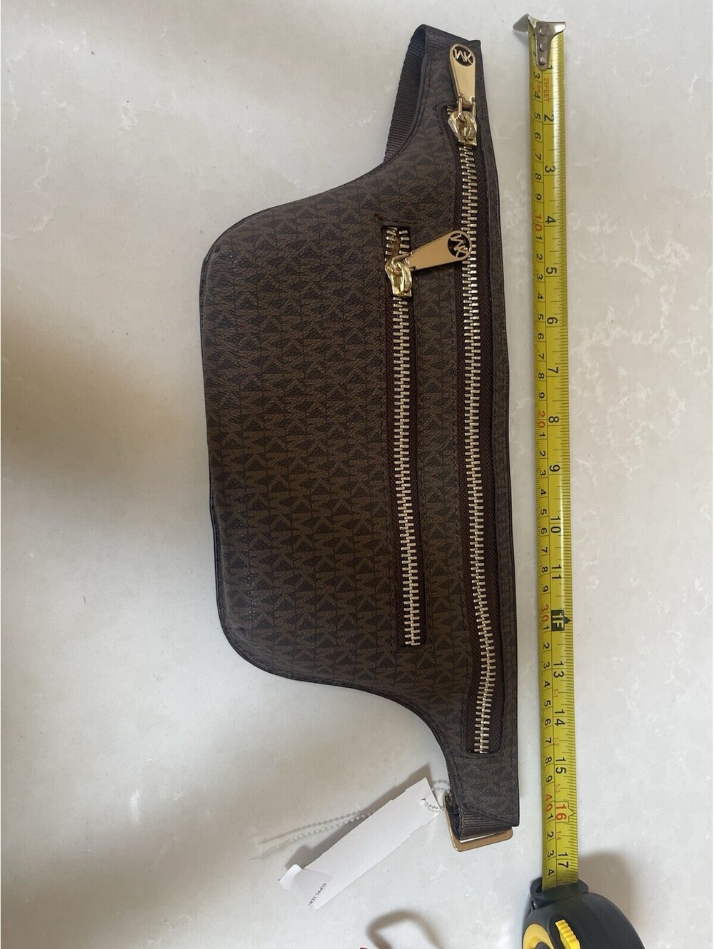 Michael Kors Logo Double-Zip Fanny Pack in brown with gold-tone hardware